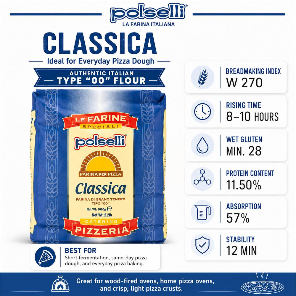 POLSELLI Classica bag label close-up highlighting type 00 and Italian milling benefits