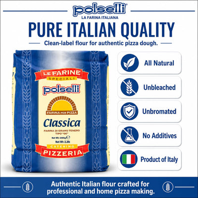 POLSELLI Classica flour heap close-up showing extra-fine texture for smooth dough