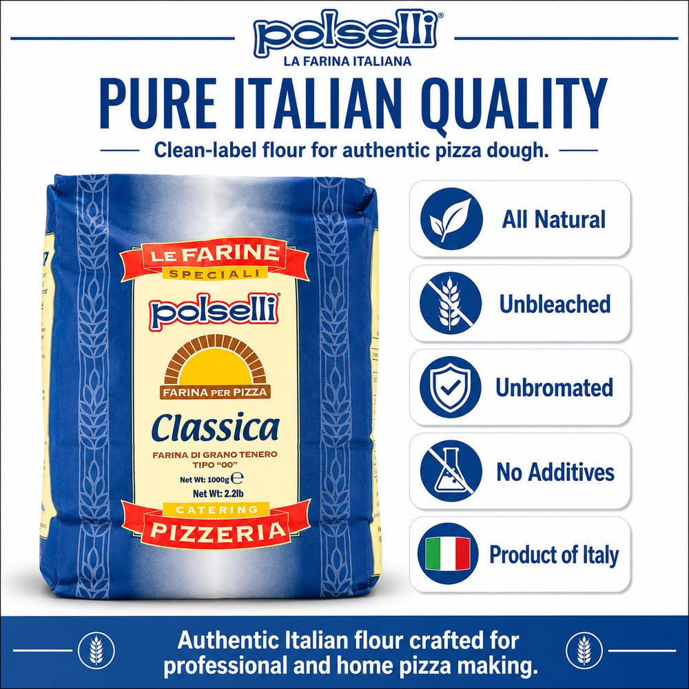 POLSELLI Classica flour heap close-up showing extra-fine texture for smooth dough