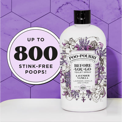 Poo-Pourri bottle on a bathroom shelf demonstrating tidy storage