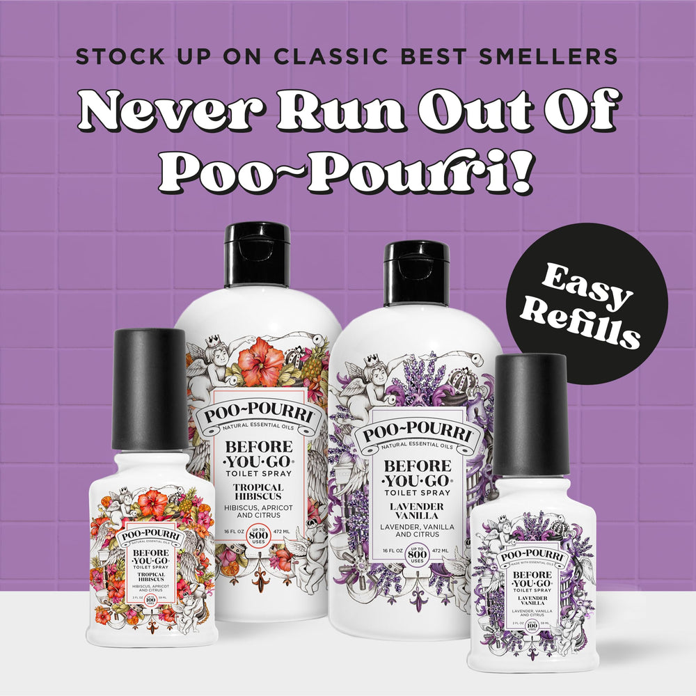 Poo-Pourri refill being poured into spray bottle for easy reuse