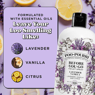 Poo-Pourri essential oil droplets and lavender to show plant-based benefits