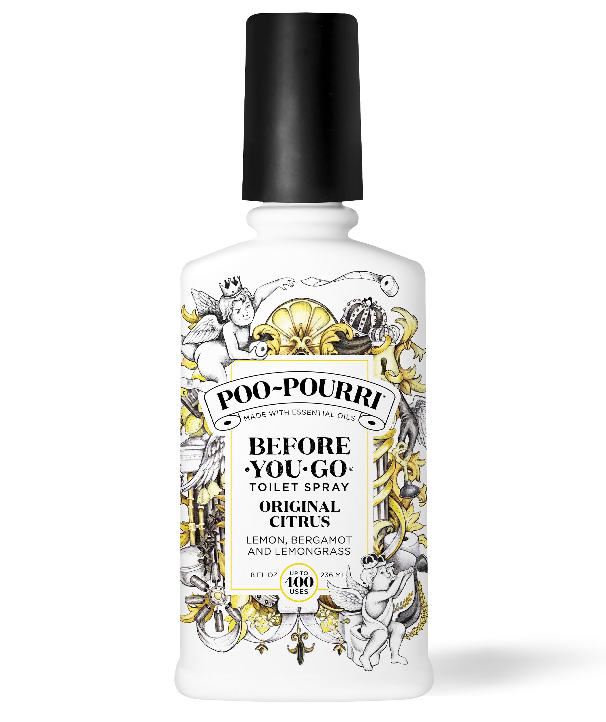 Poo-Pourri botella frontal mostrando etiqueta cítrica y tamaño claro