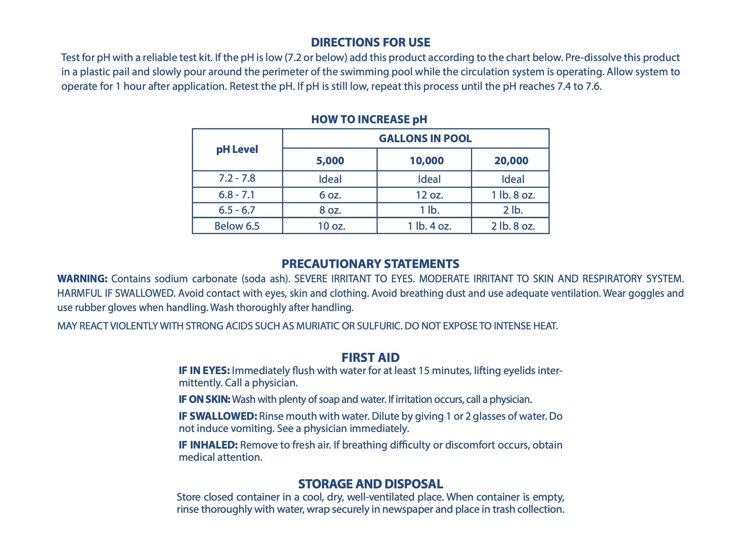 Pool Mate label and dosing chart close-up for accurate pool pH adjustments