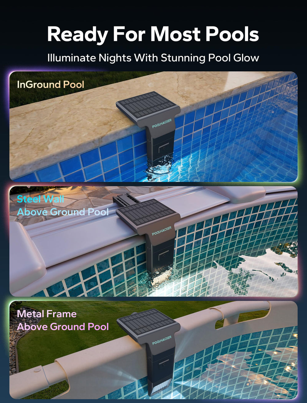 POOLHACKER solar panel close-up showing ETFE texture and sun charging efficiency