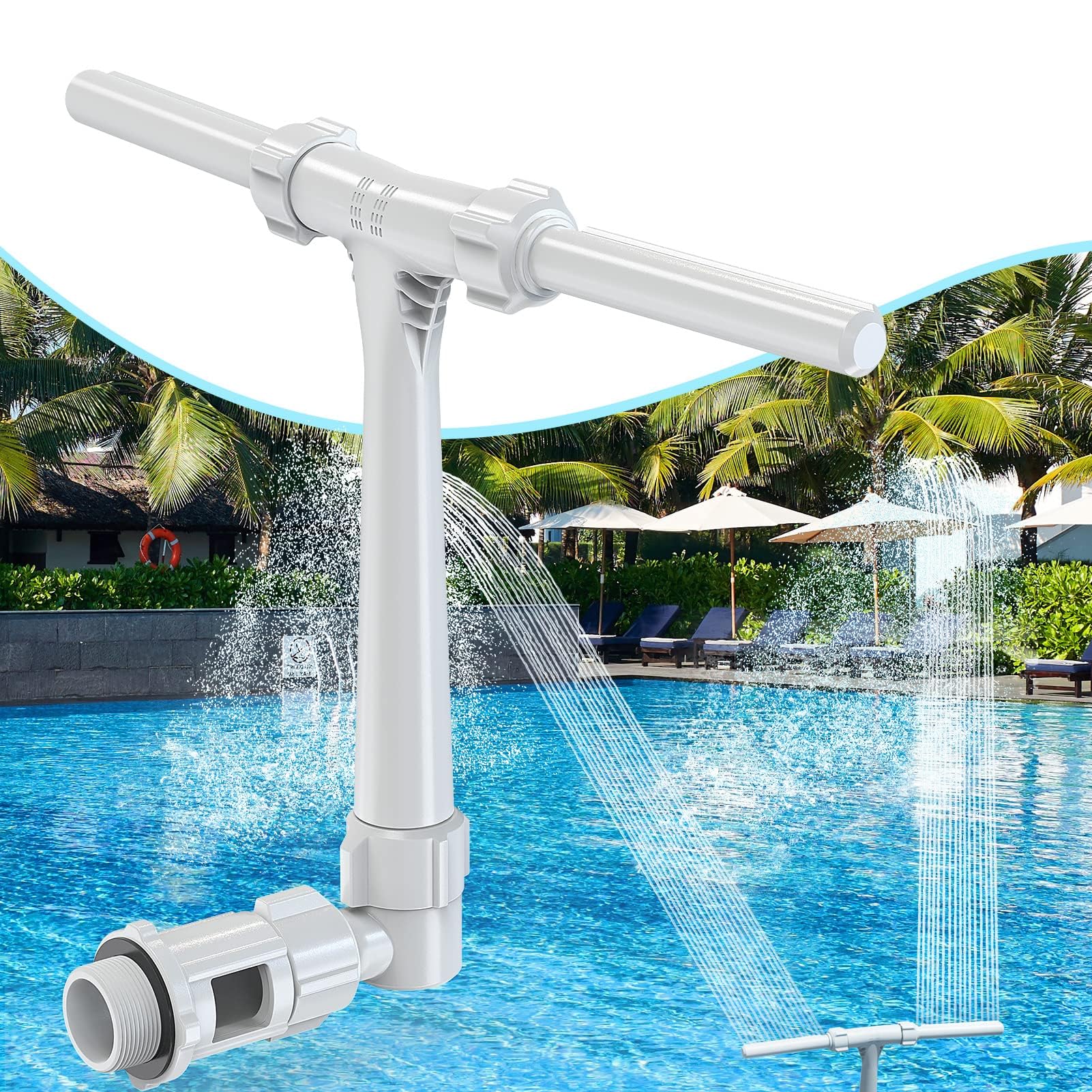 POOLHACKER front view showing dual fountain nozzles and compact design for easy installation