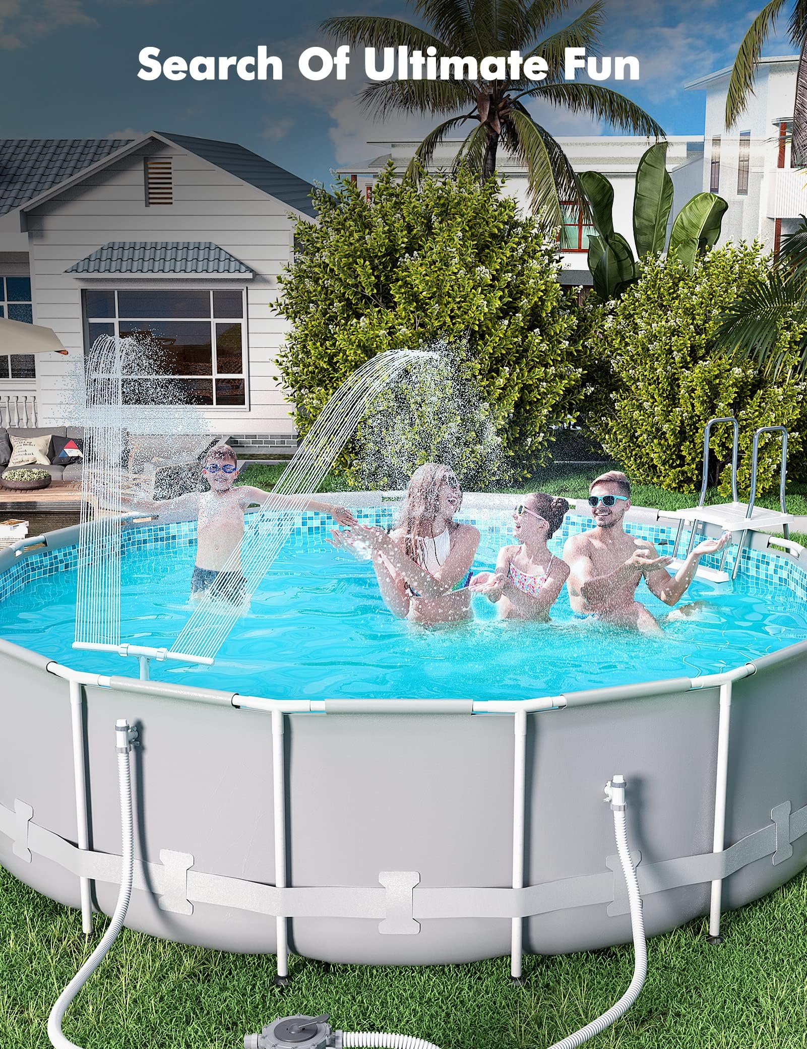 POOLHACKER lifestyle image at poolside showing cooling spray and relaxed outdoor ambiance