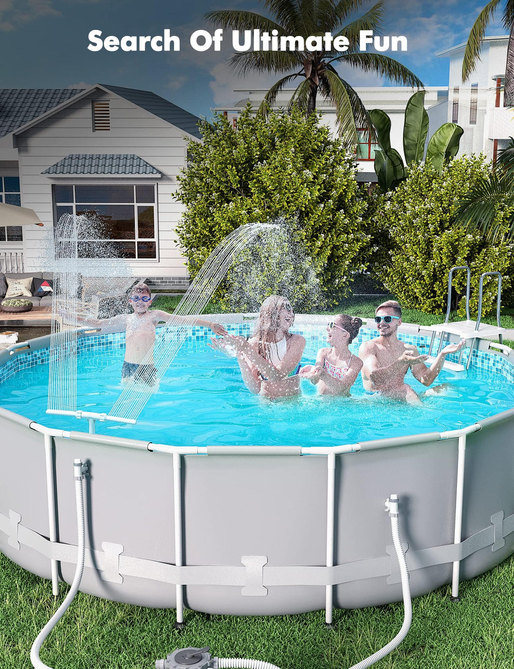 POOLHACKER lifestyle image at poolside showing cooling spray and relaxed outdoor ambiance