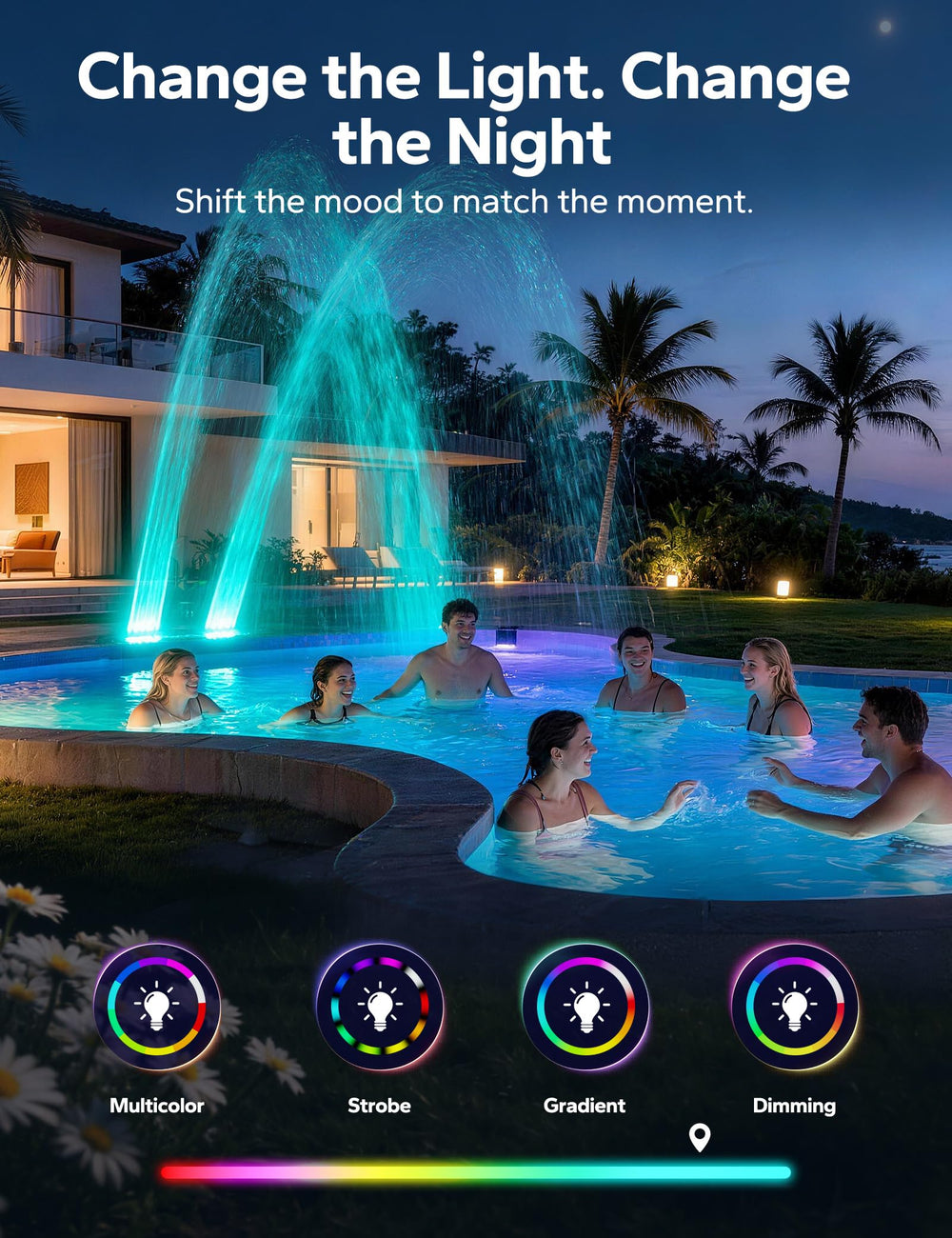 POOLHACKER nighttime 10-color display creating mood lighting for evening gatherings