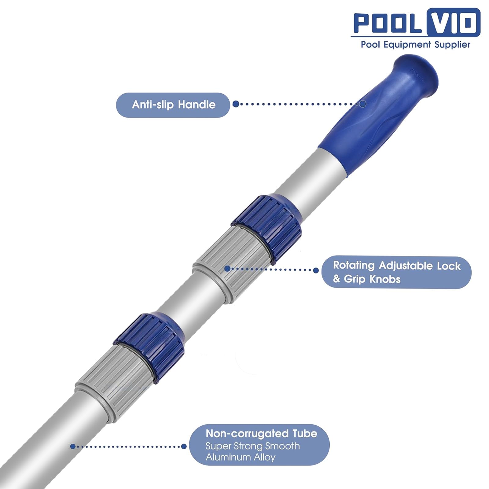 Poolvio pértiga totalmente extendida hasta 15 ft para alcanzar esquinas profundas