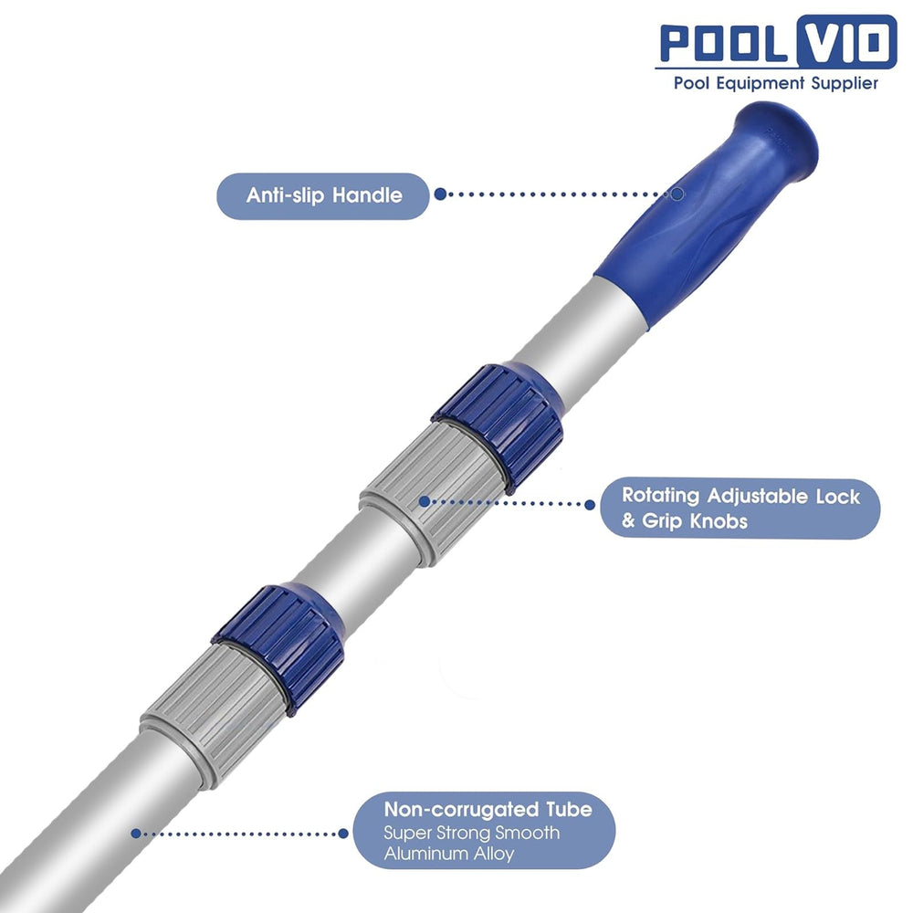 Poolvio pértiga totalmente extendida hasta 15 ft para alcanzar esquinas profundas