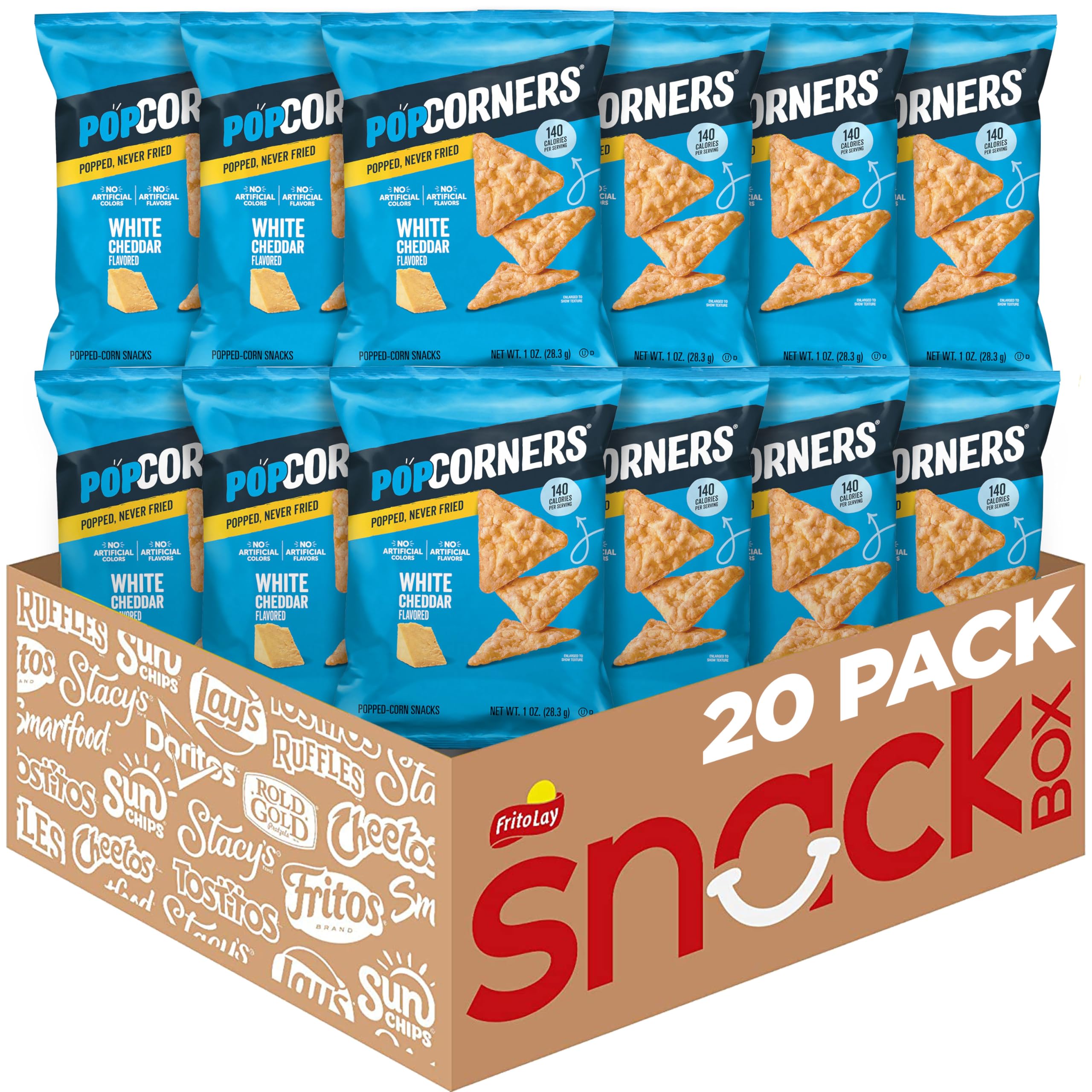 PopCorners paquete frontal mostrando 20 bolsas y fácil almacenamiento