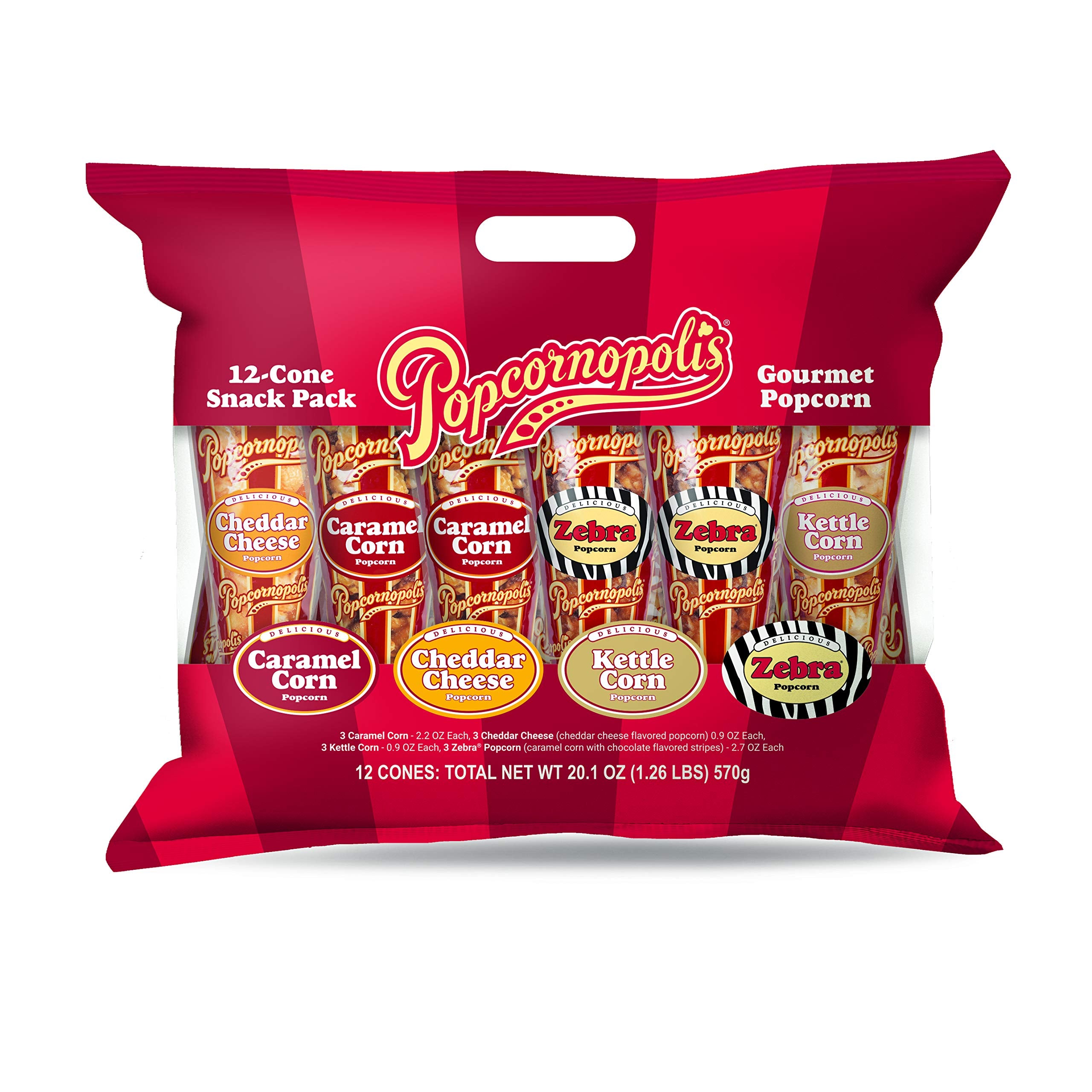 Popcornopolis cono pack frontal mostrando los 12 conos y atractiva presentación