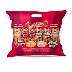 Popcornopolis cono pack frontal mostrando los 12 conos y atractiva presentación