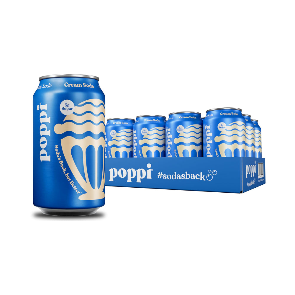 poppi lata cream soda pack 12 vista frontal y diseño brillante que destaca la marca