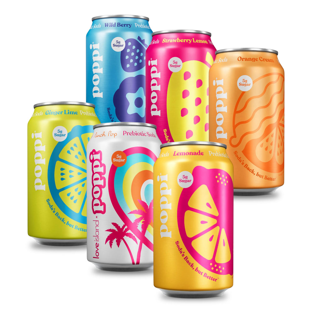 Poppi front can showing label and calorie info, refreshing low-sugar choice