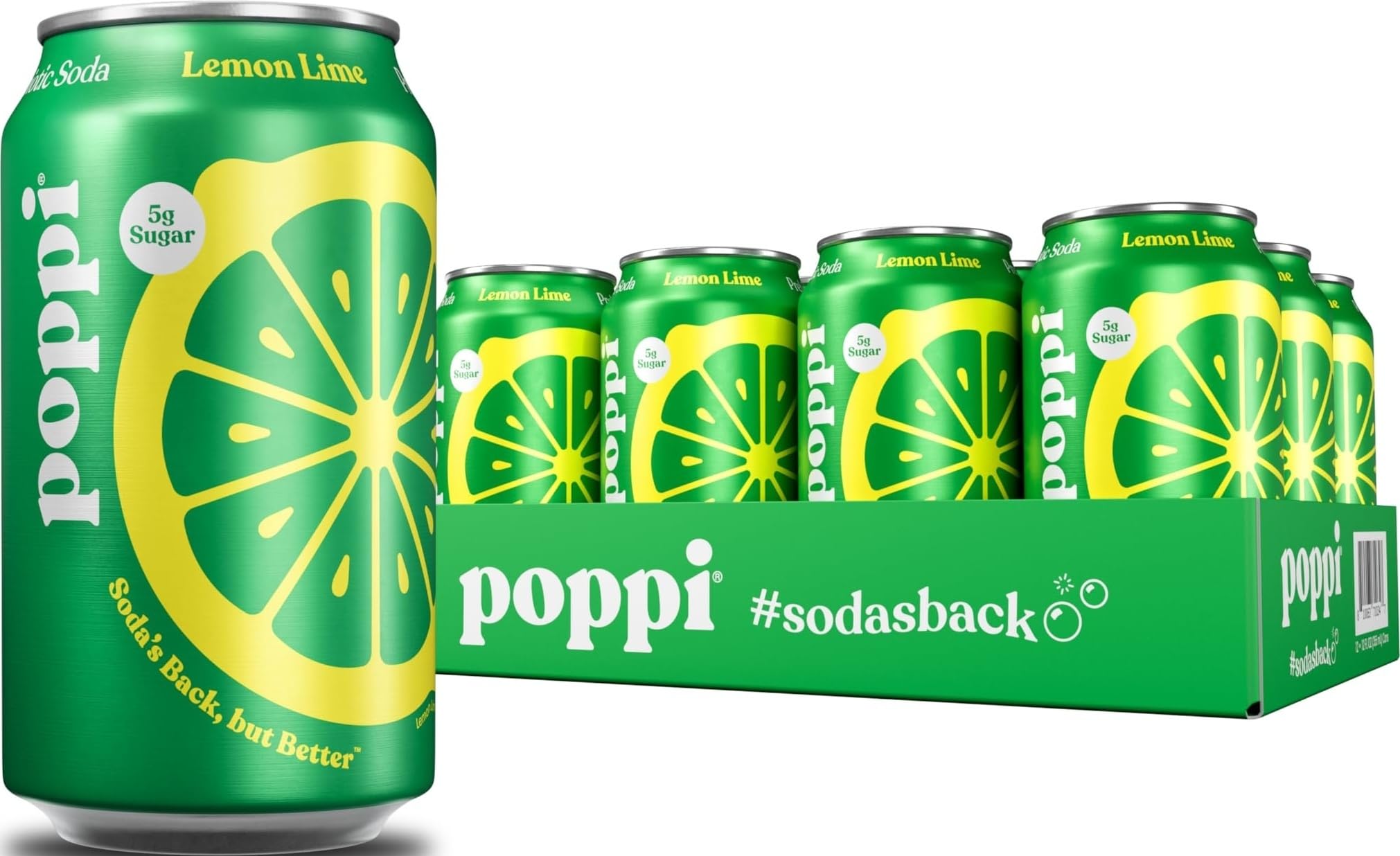 Poppi lata Lemon Lime frente mostrando diseño y refresco listo para beber