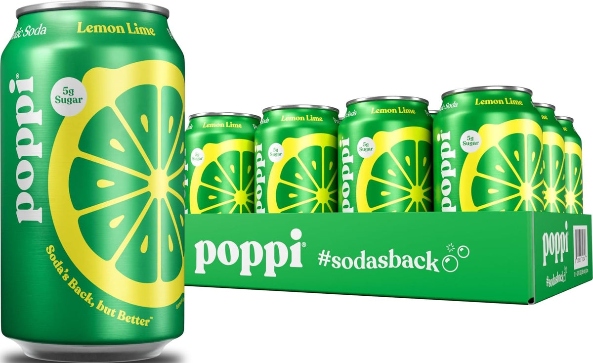 Poppi lata Lemon Lime frente mostrando diseño y refresco listo para beber