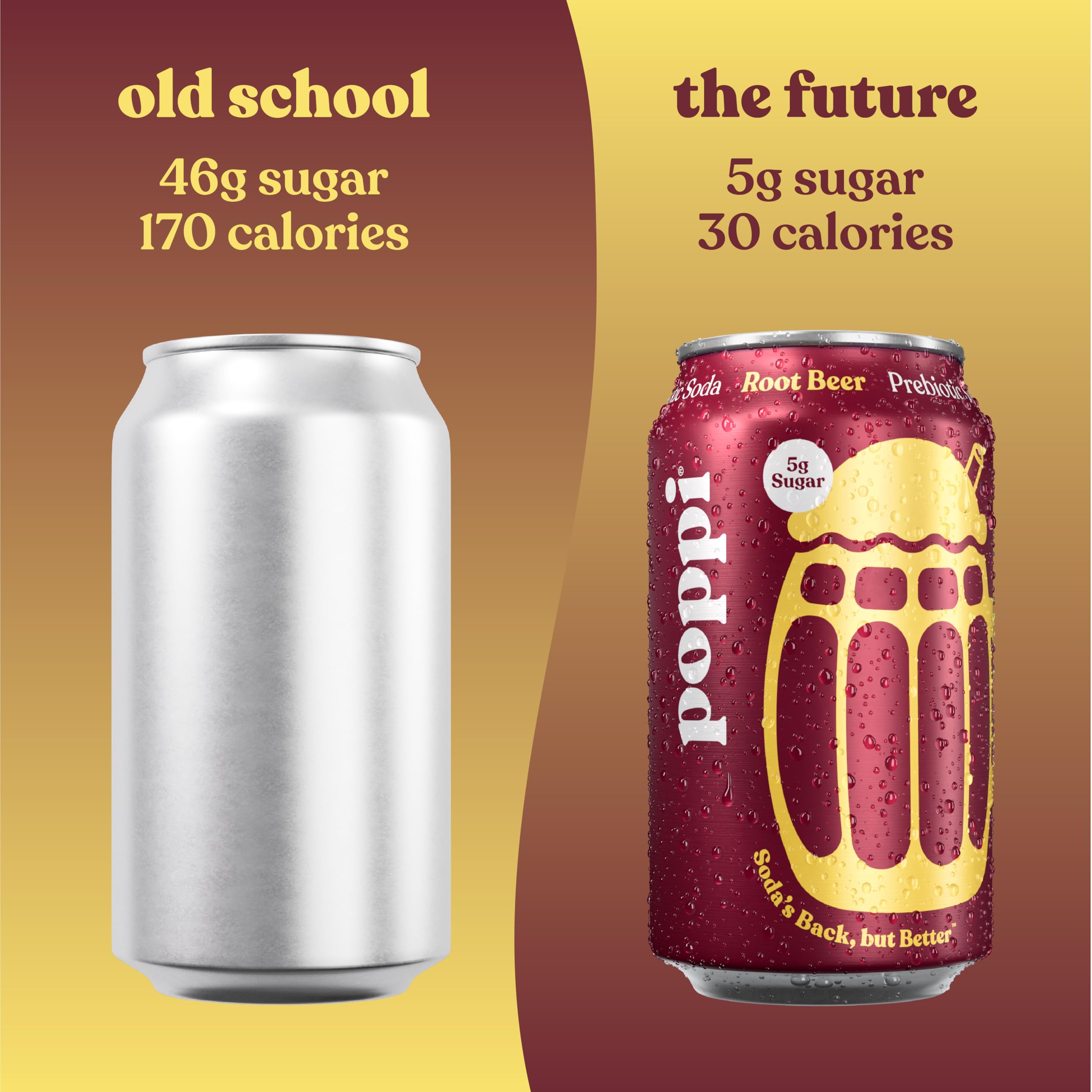 Poppi root beer detalle de la etiqueta con ingredientes prebióticos visibles