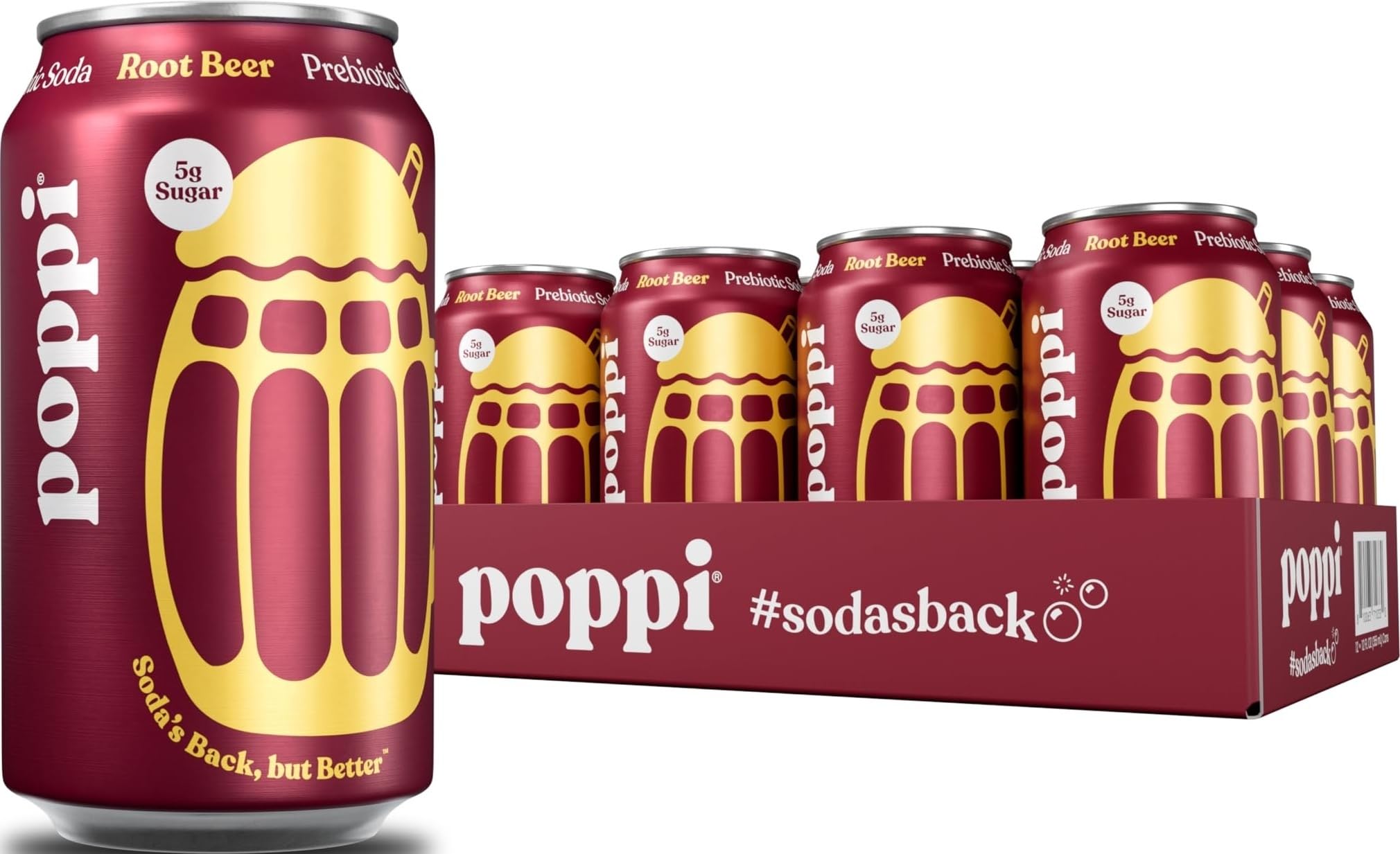 Poppi root beer paquete de 12 latas mostrando el frente y conveniencia
