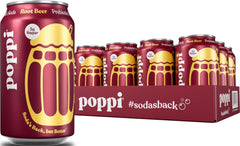 Poppi root beer paquete de 12 latas mostrando el frente y conveniencia
