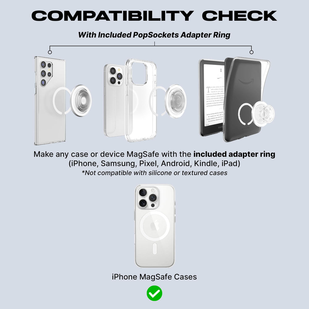 PopSockets Tortoise acoplado a funda MagSafe mostrando compatibilidad fácil