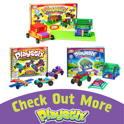 POPULAR PLAYTHINGS group of children building with Playstix encouraging cooperative play