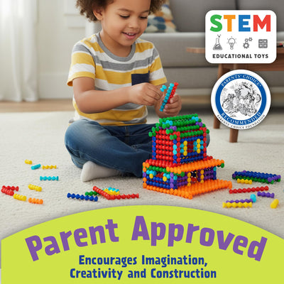 POPULAR PLAYTHINGS idea booklet open with step models to inspire building