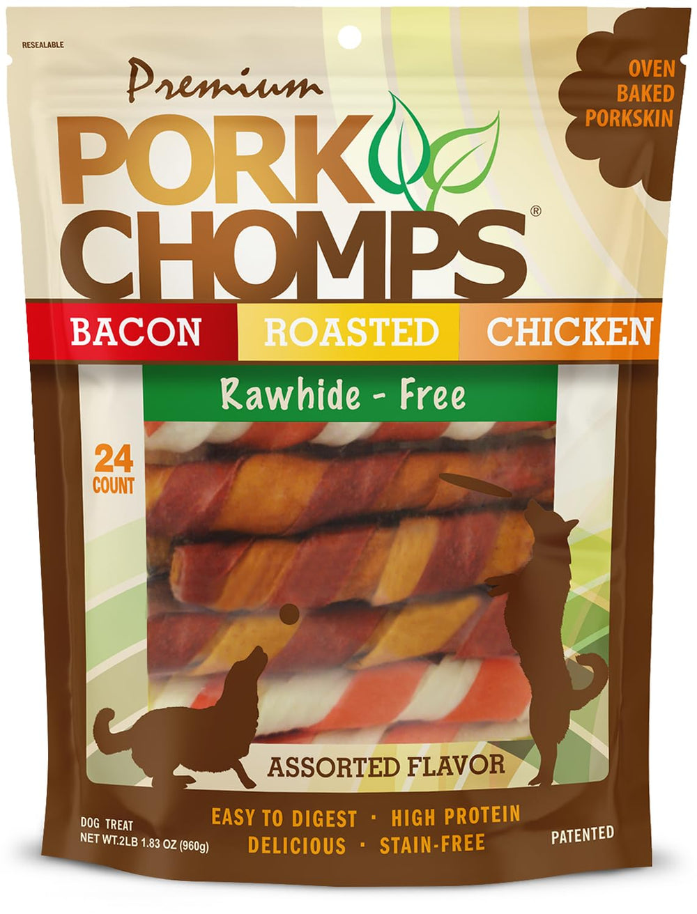 Pork Chomps frente del paquete que muestra 24 unidades y sellado resellable