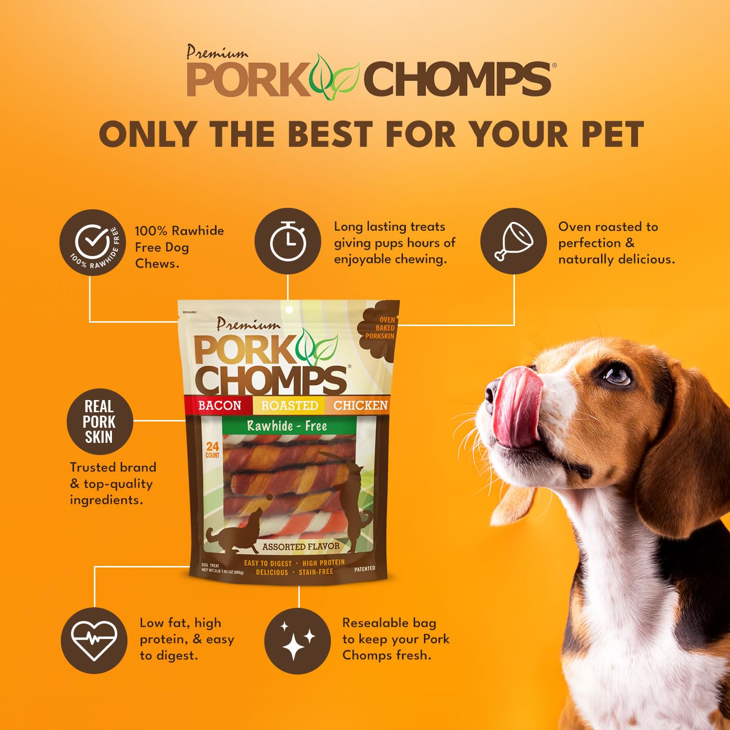 Pork Chomps presentación de sabores Roasted Pork Chicken Bacon para elección