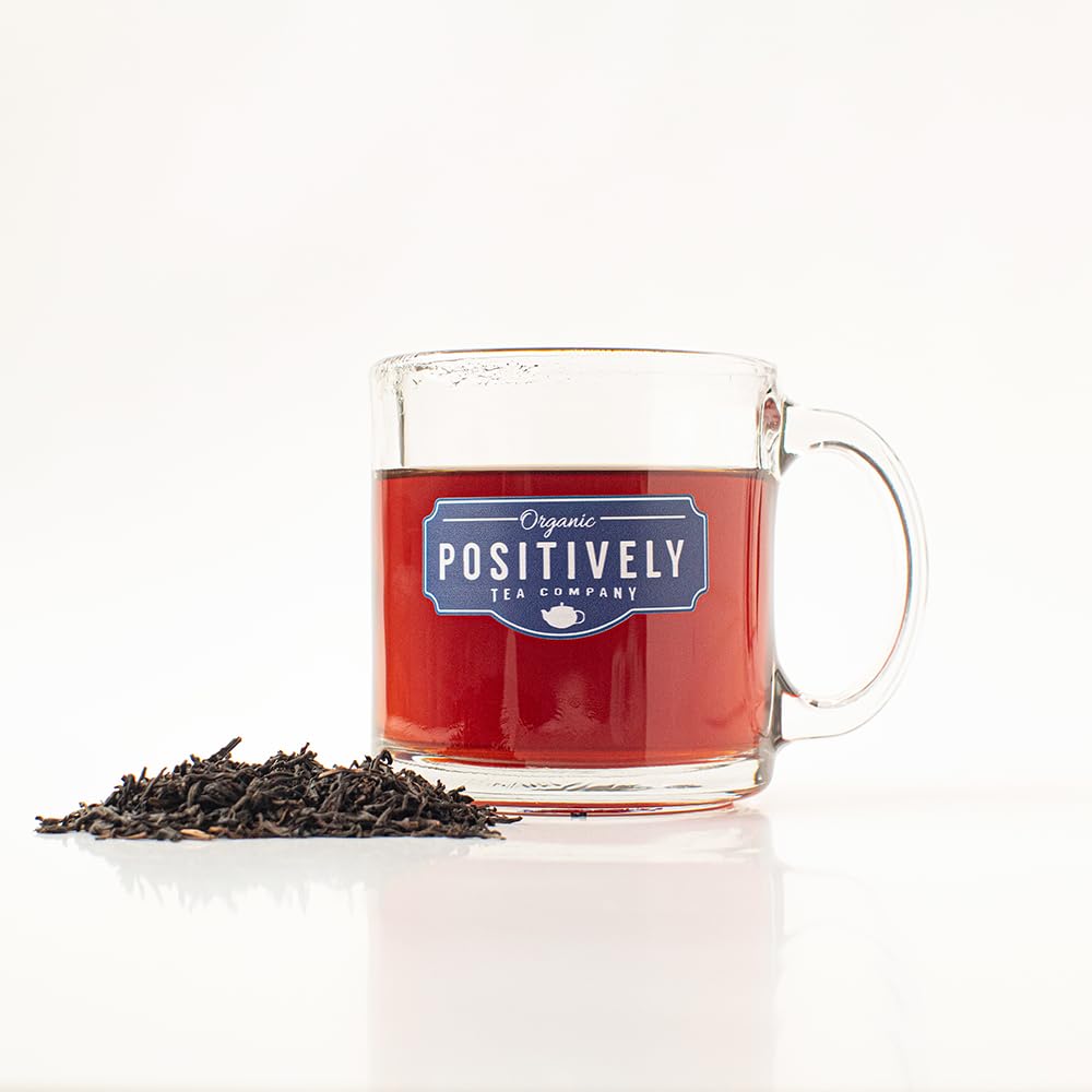 Organic Positively Tea comparación de tamaño 16 oz para referencia de cantidad y almacenamiento