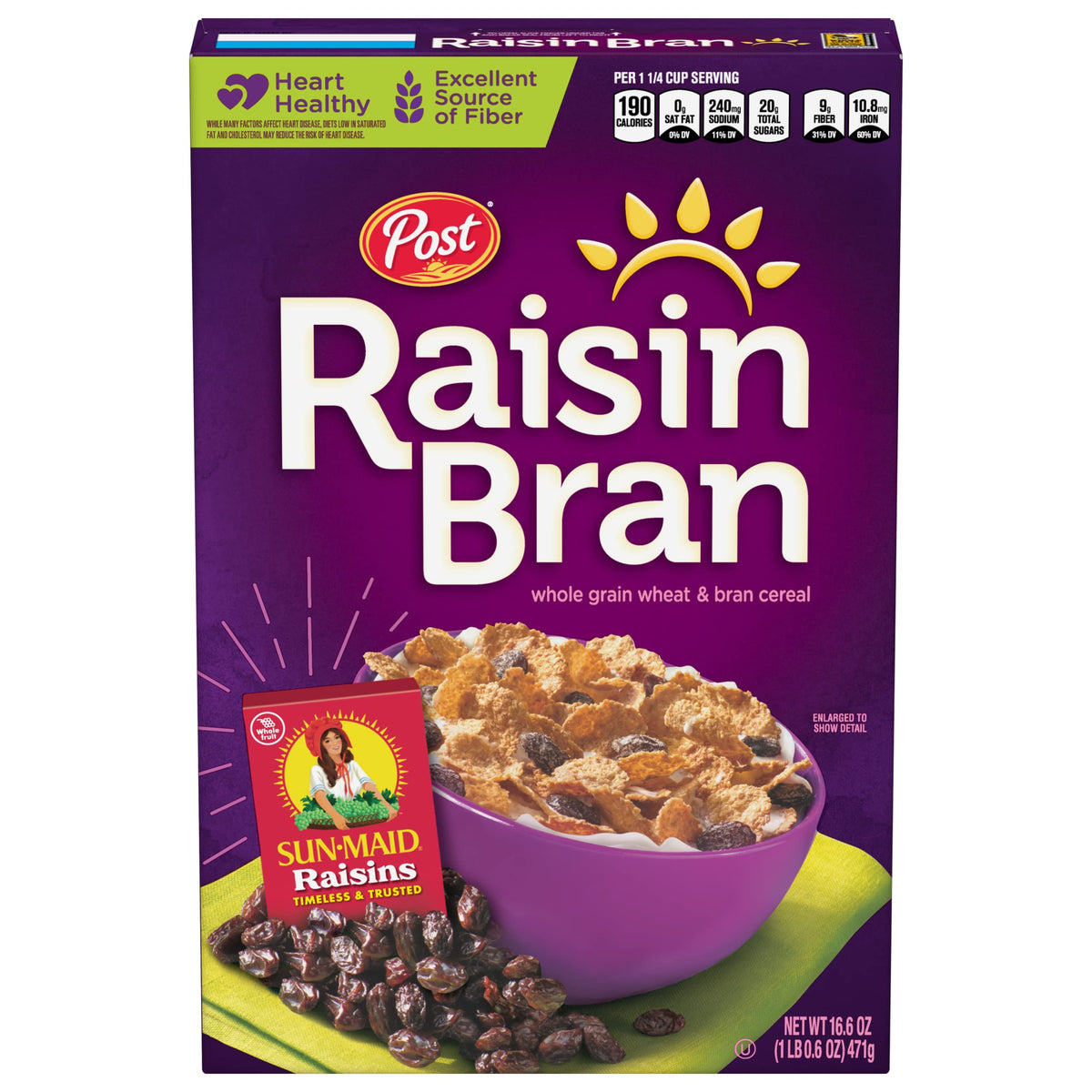 Post Raisin Bran frente del empaque mostrando caja y beneficio práctico
