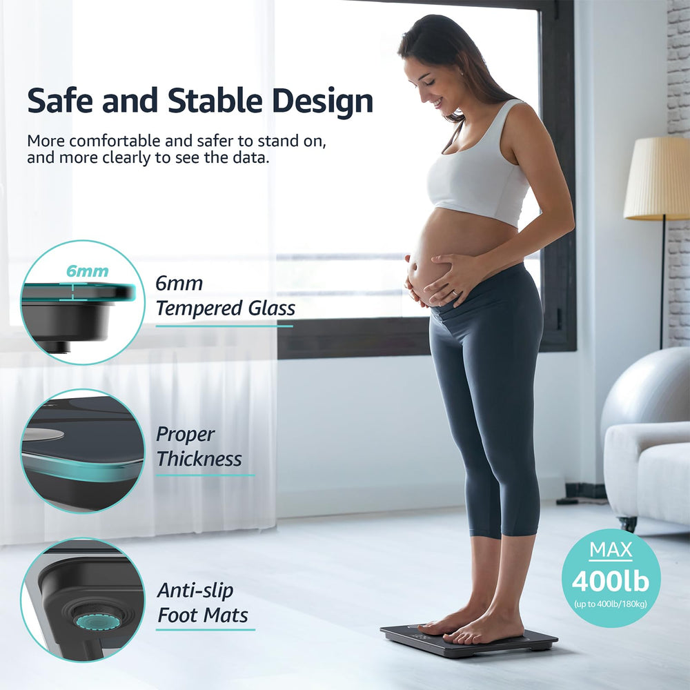 Posture scale with smartphone showing Fitdays app sync, enabling automatic history storage