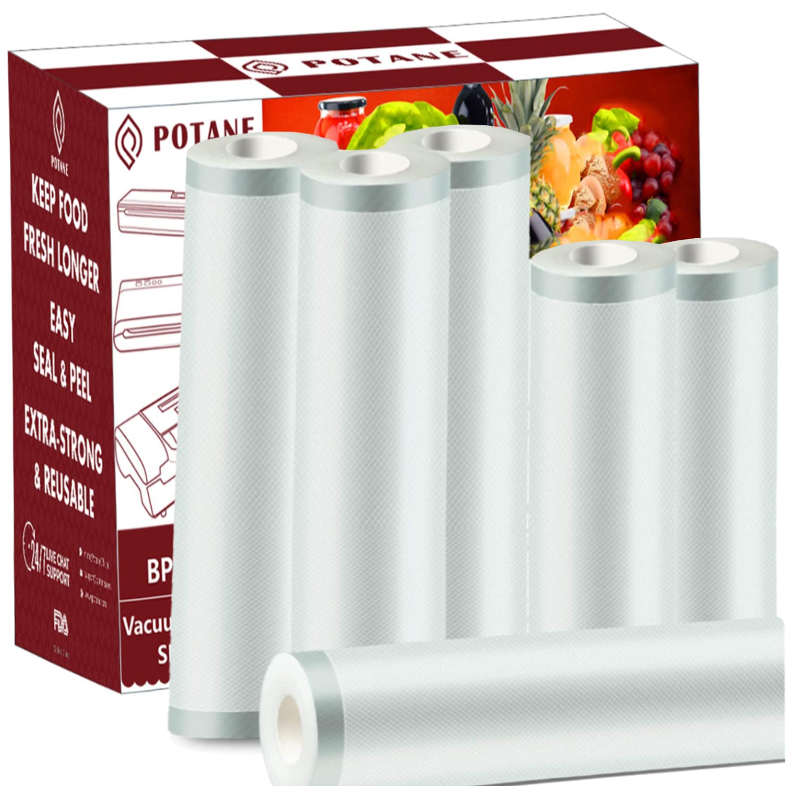 Potane paquete frontal mostrando 6 rollos y beneficios de almacenamiento