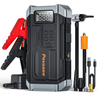 Povasee front view showing compact jump starter and case for roadside reliability
