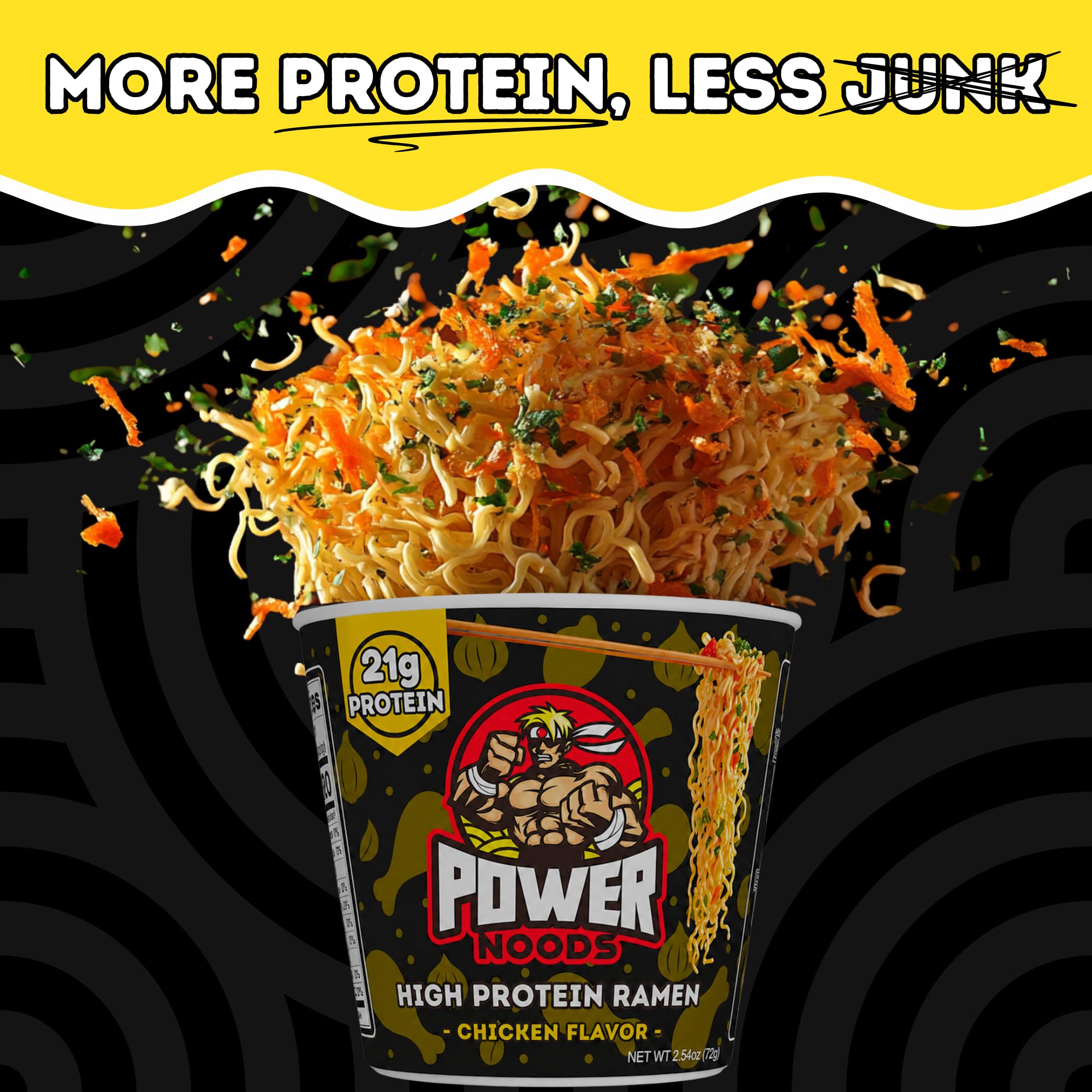 Power Noods vaso al lado de una regla para comparar tamaño y porción