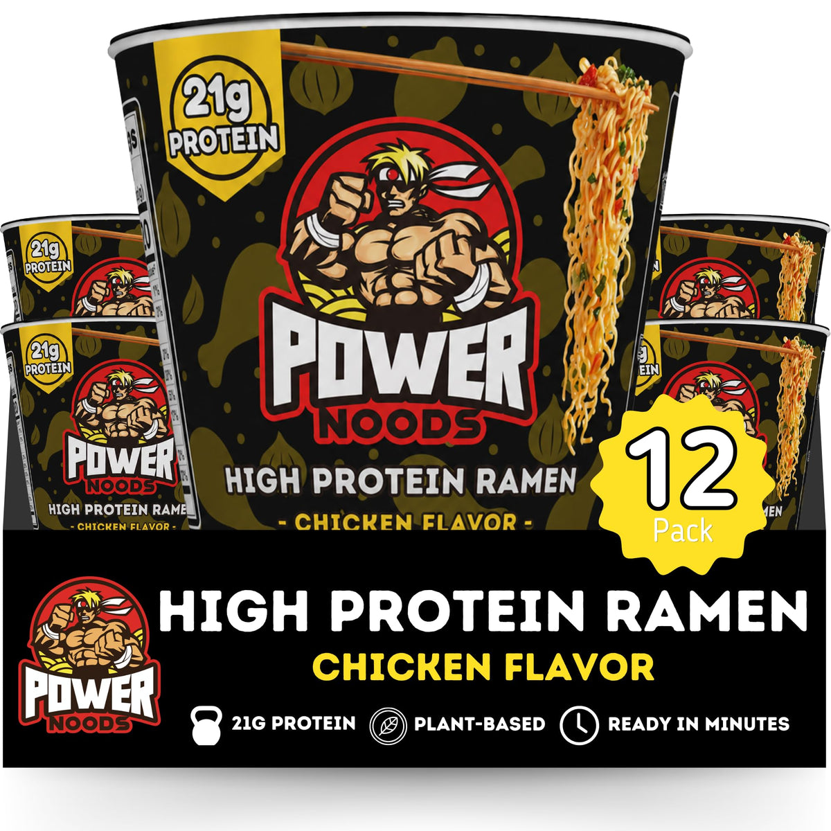 Power Noods vaso frontal mostrando la etiqueta y beneficios proteicos