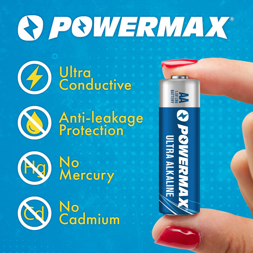 Powermax pila AA junto a una mano para comparar tamaño real