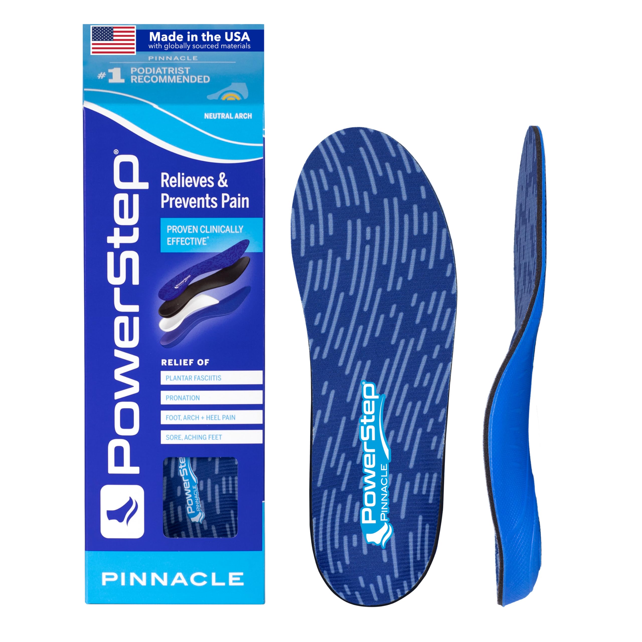 PowerStep Pinnacle vista frontal del empaque mostrando soporte y beneficio de arco