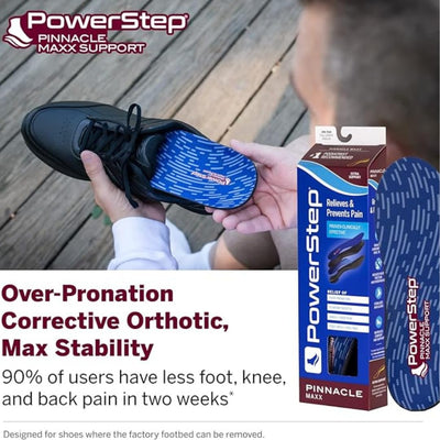 PowerStep plantilla colocada en zapatilla deportiva ofreciendo soporte y confort inmediato.