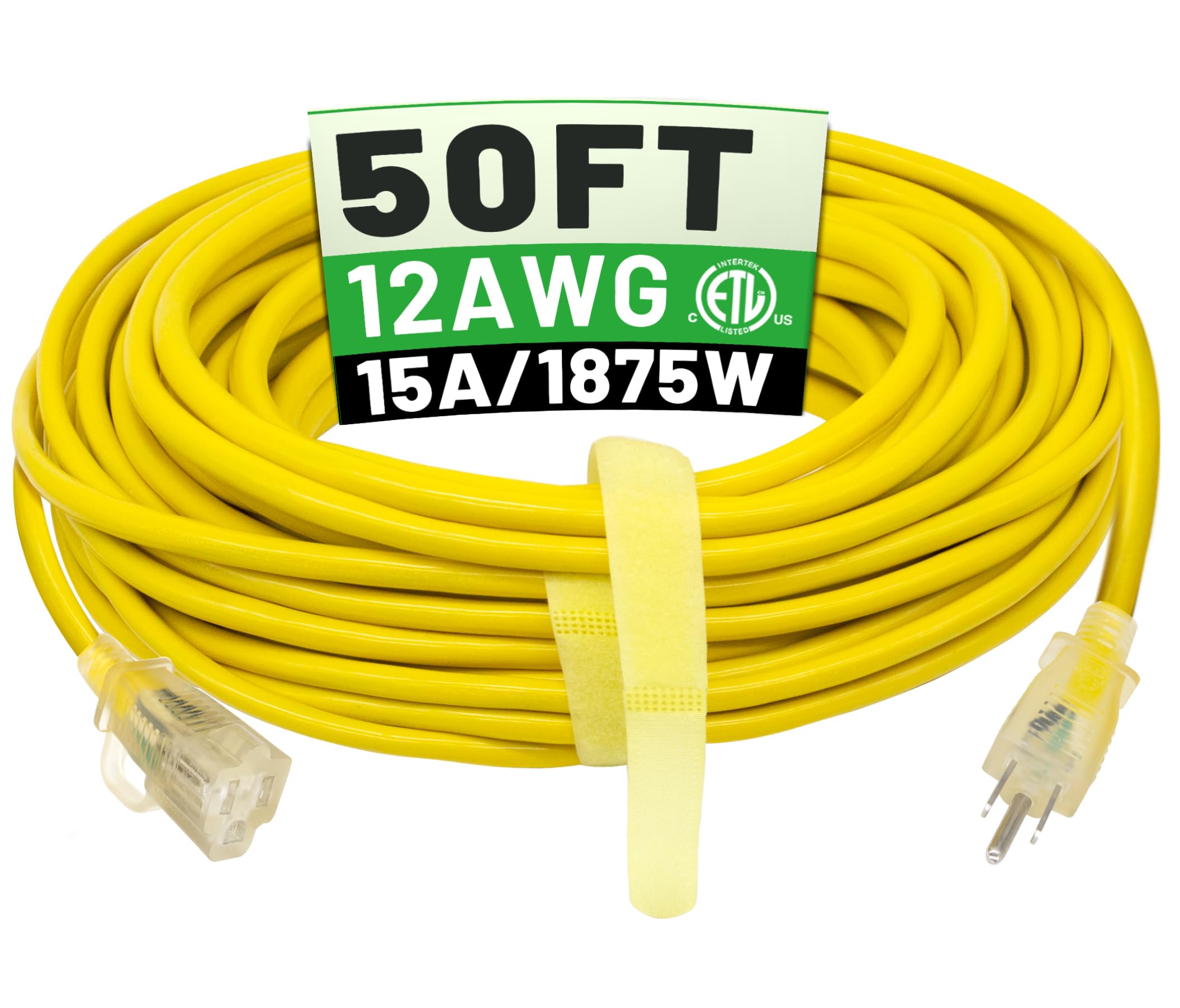 POWGRN cable de extensión 50 ft vista frontal, robustez y visibilidad