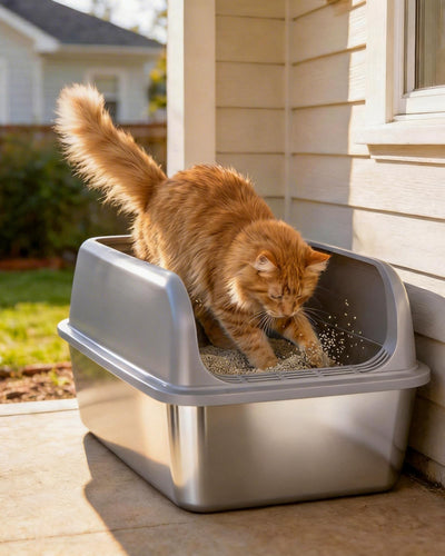 Powools litter box placed in a bathroom portraying tidy, odor-resistant home solution