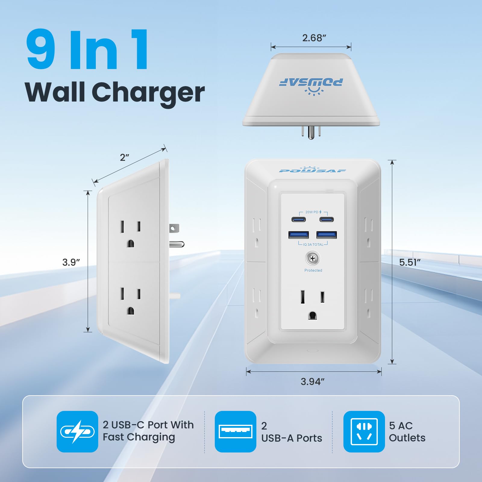 POWSAF primer plano de los cuatro puertos USB incluyendo dos USB‑C, carga rápida segura