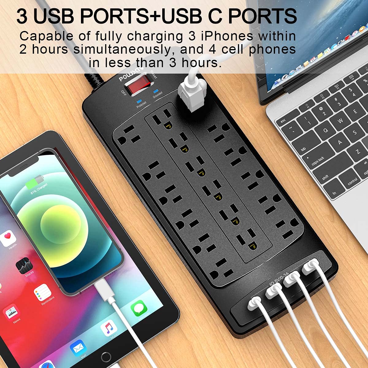 POWSAV close-up of widely spaced outlets preventing bulky plug conflict