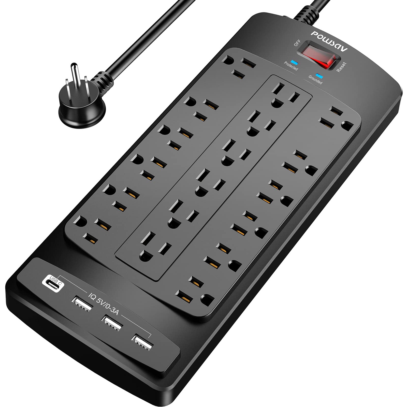POWSAV front view showing 18 outlets and 4 USB ports for flexible charging
