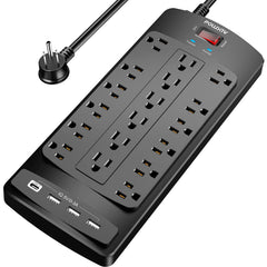 POWSAV front view showing 18 outlets and 4 USB ports for flexible charging