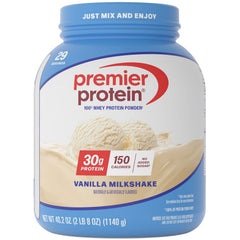 Premier Protein frasco frontal mostrando 29 porciones y beneficios nutricionales