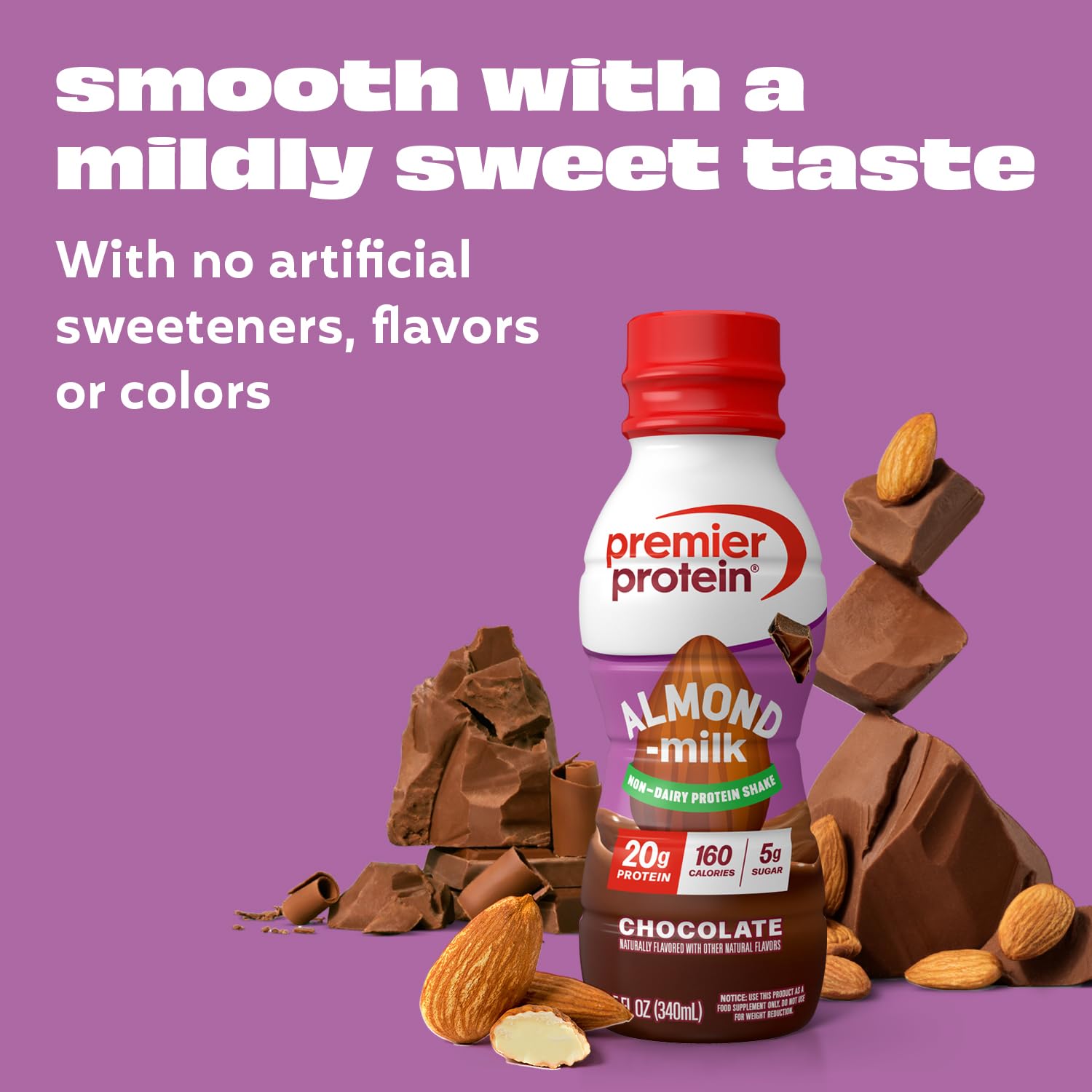 Etiqueta nutricional de Premier Protein Almondmilk Chocolate con información de proteínas y azúcares