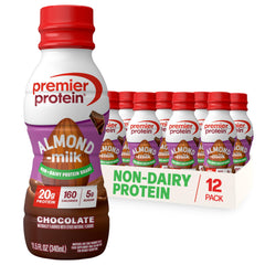 Premier Protein envase frontal de Almondmilk Chocolate mostrando 20 g de proteína y diseño