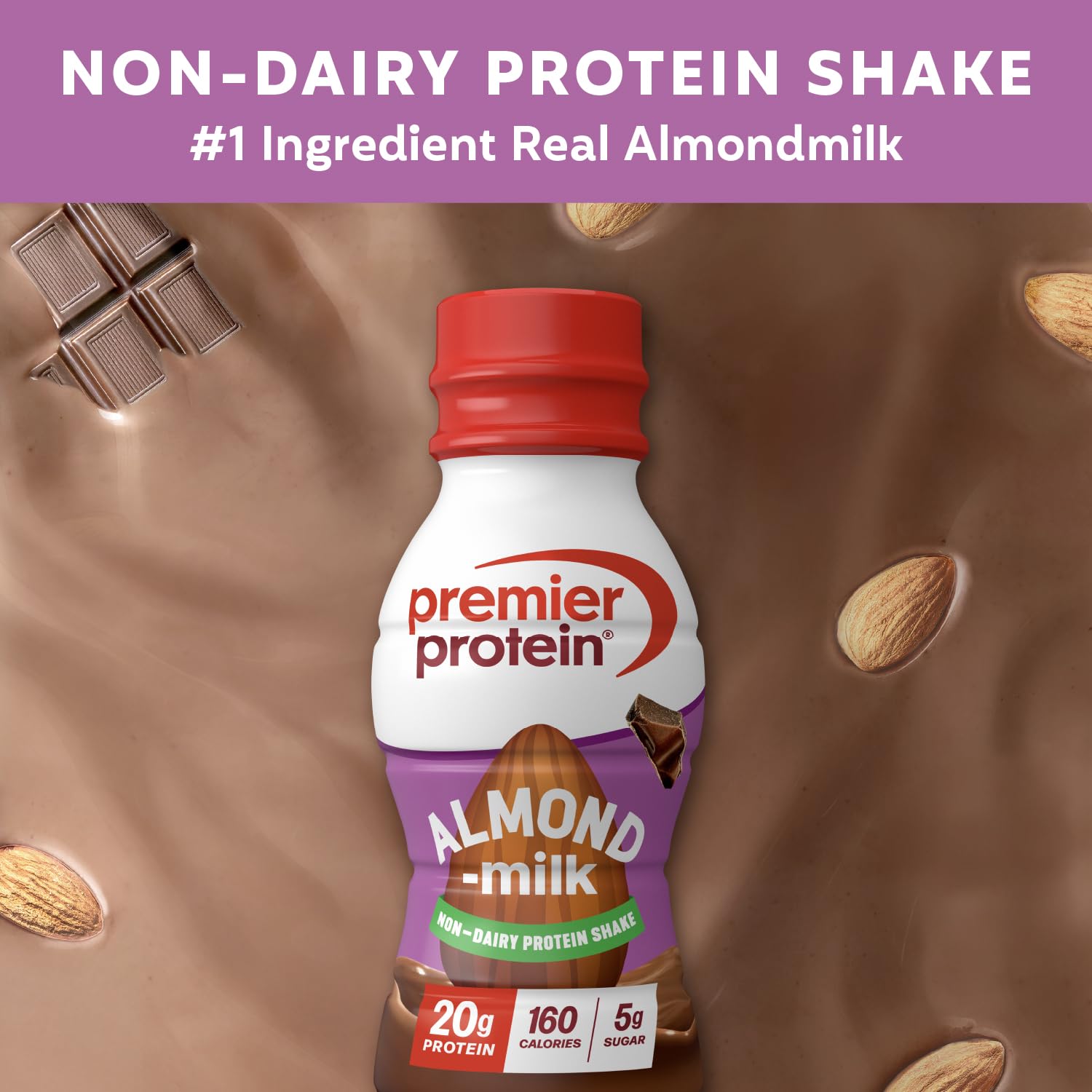 Detalle de la textura cremosa del batido Premier Protein Almondmilk, aspecto apetecible y natural